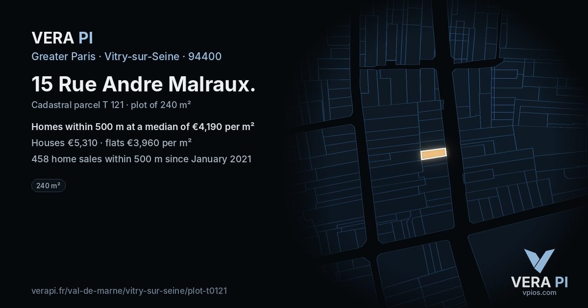 15 Rue Andre Malraux, Vitry-sur-Seine at night – the plot lit, the parcels around coloured by the prices near them