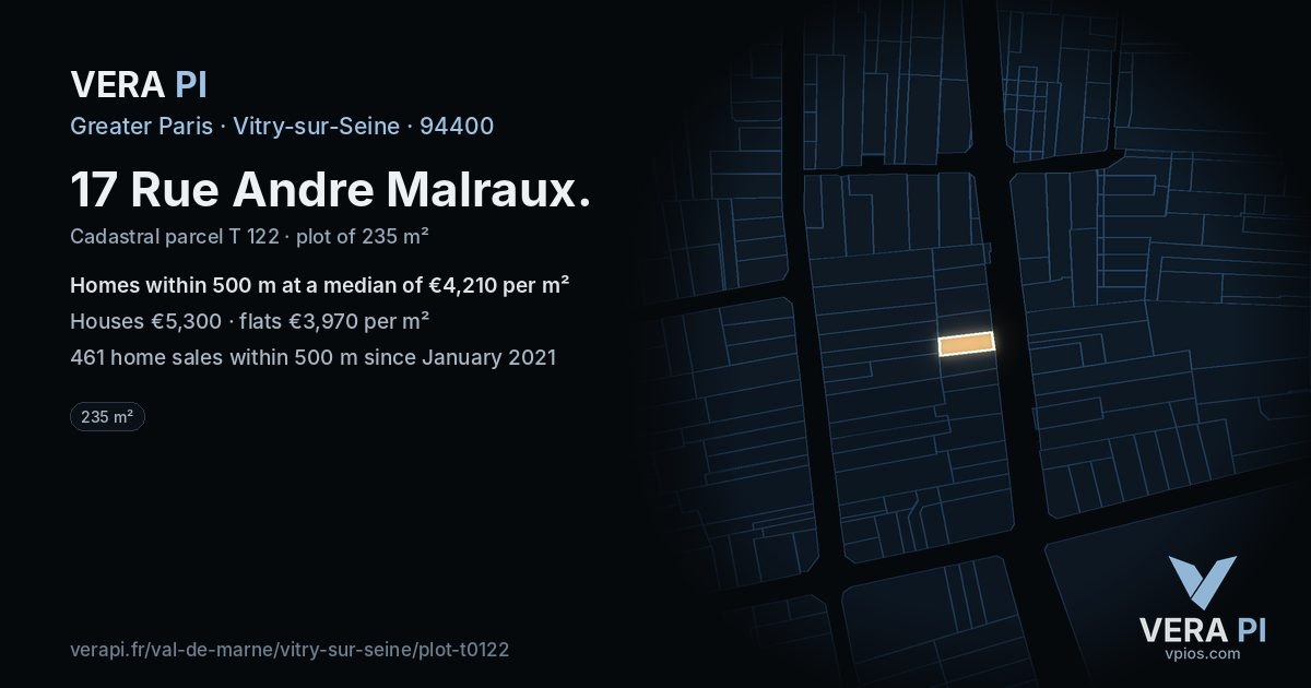 17 Rue Andre Malraux, Vitry-sur-Seine at night – the plot lit, the parcels around coloured by the prices near them