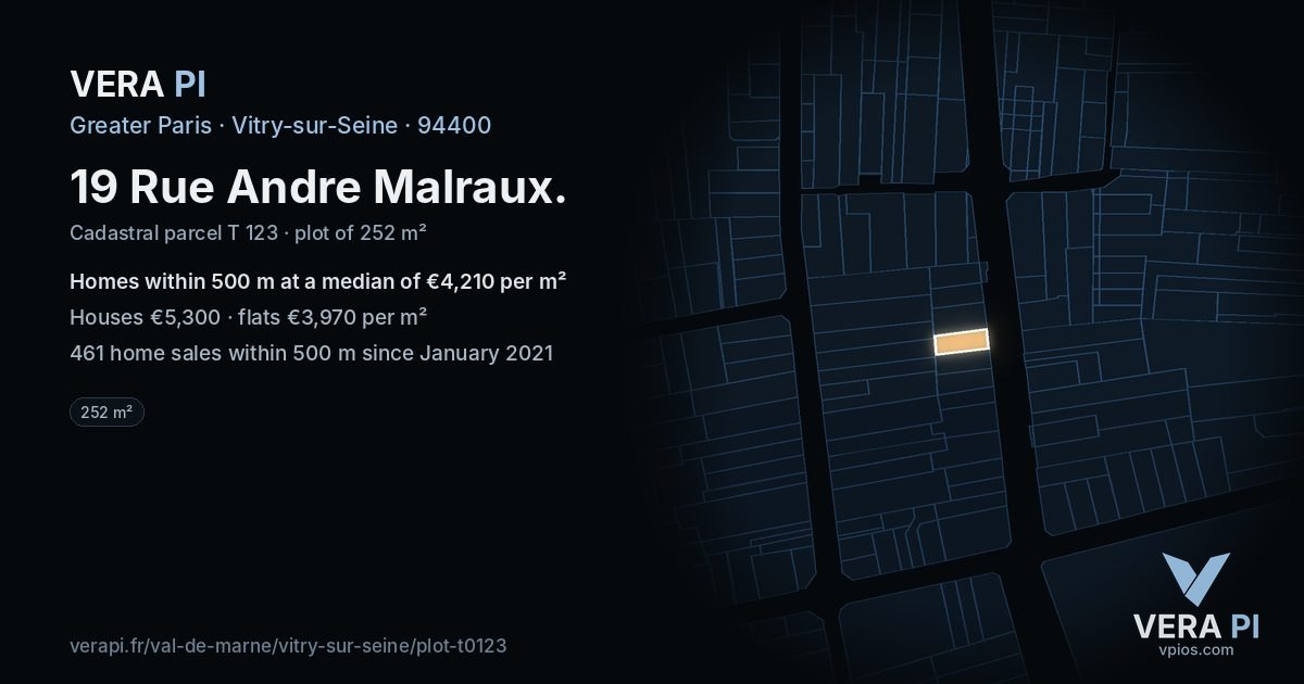 19 Rue Andre Malraux, Vitry-sur-Seine at night – the plot lit, the parcels around coloured by the prices near them