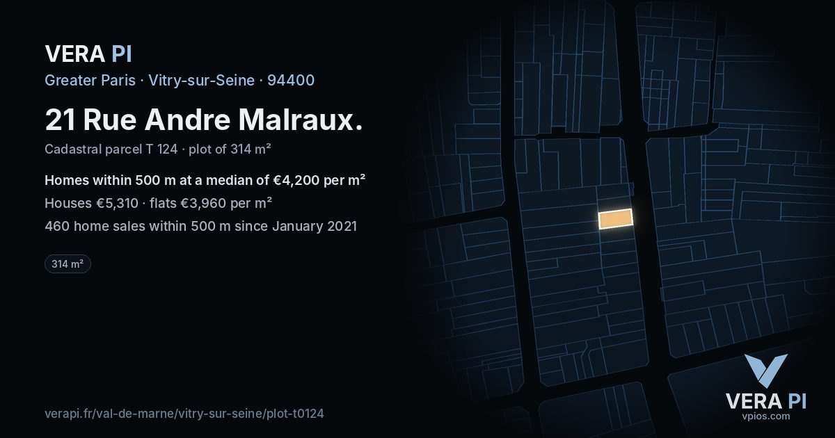 21 Rue Andre Malraux, Vitry-sur-Seine at night – the plot lit, the parcels around coloured by the prices near them