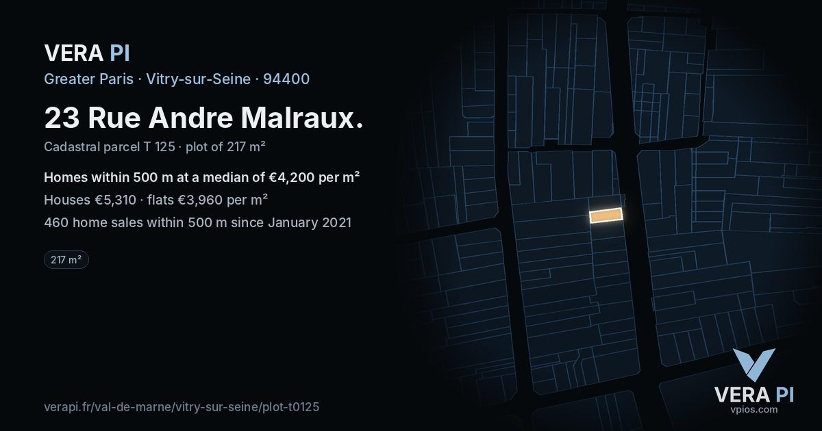23 Rue Andre Malraux, Vitry-sur-Seine at night – the plot lit, the parcels around coloured by the prices near them