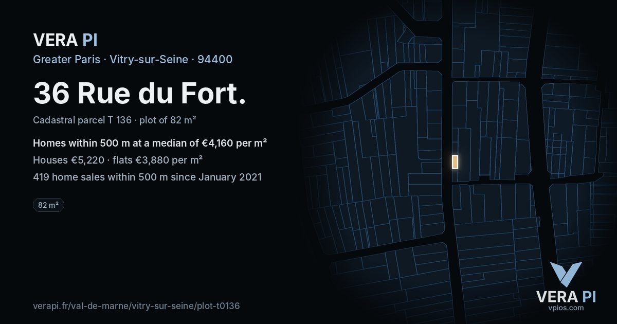 36 Rue du Fort, Vitry-sur-Seine at night – the plot lit, the parcels around coloured by the prices near them