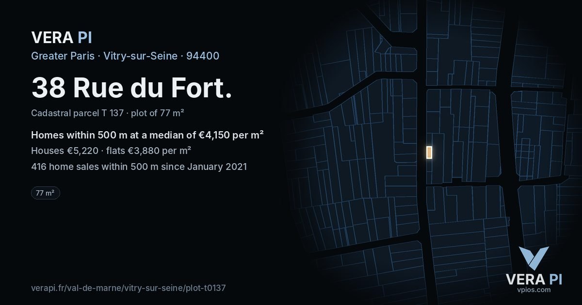 38 Rue du Fort, Vitry-sur-Seine at night – the plot lit, the parcels around coloured by the prices near them