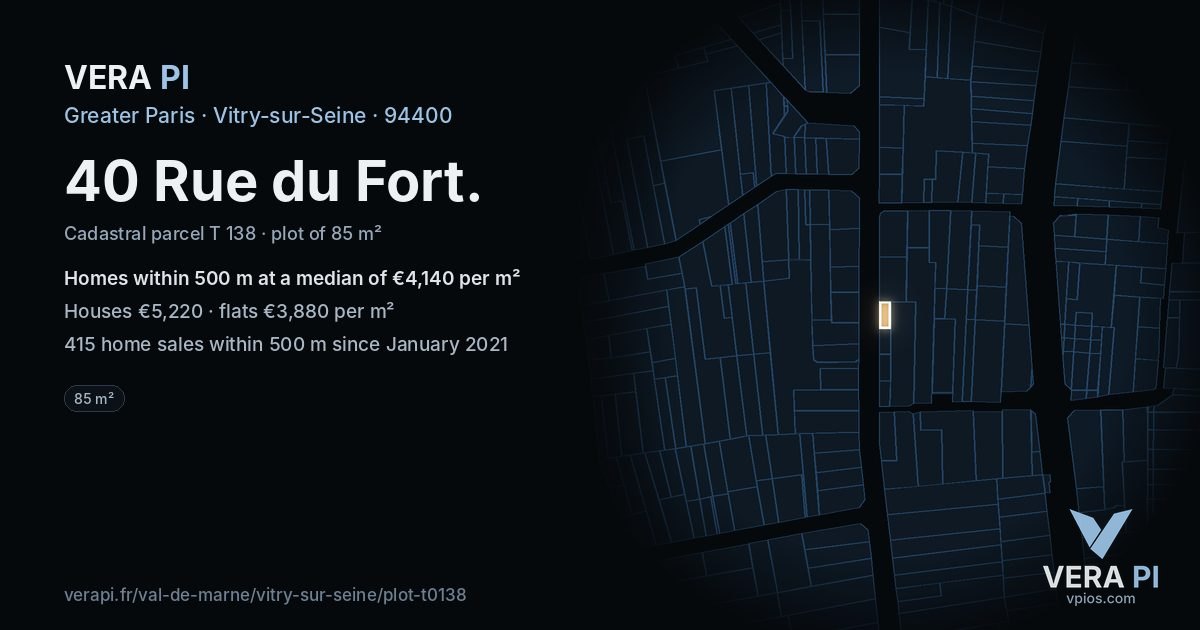 40 Rue du Fort, Vitry-sur-Seine at night – the plot lit, the parcels around coloured by the prices near them