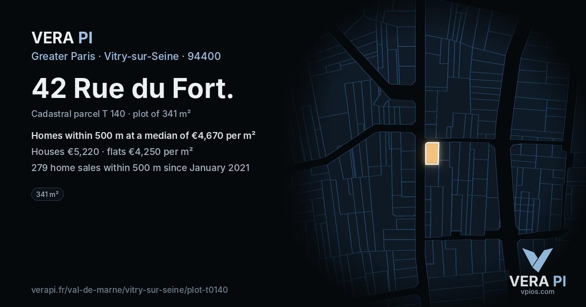 42 Rue du Fort, Vitry-sur-Seine at night – the plot lit, the parcels around coloured by the prices near them
