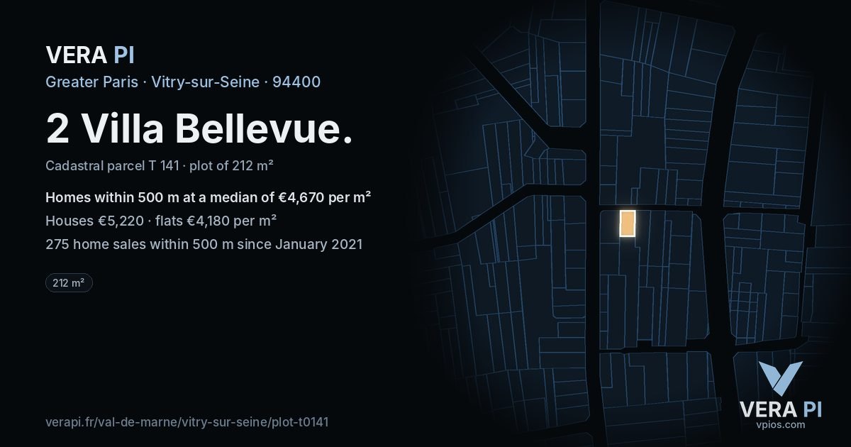 2 Villa Bellevue, Vitry-sur-Seine at night – the plot lit, the parcels around coloured by the prices near them