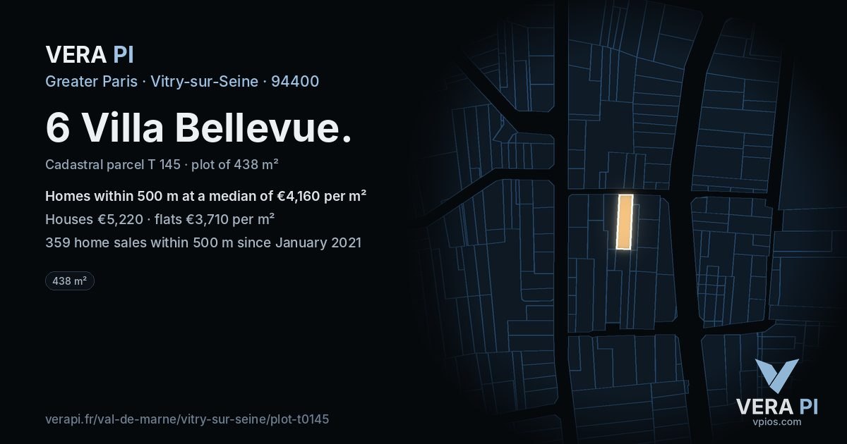 6 Villa Bellevue, Vitry-sur-Seine at night – the plot lit, the parcels around coloured by the prices near them