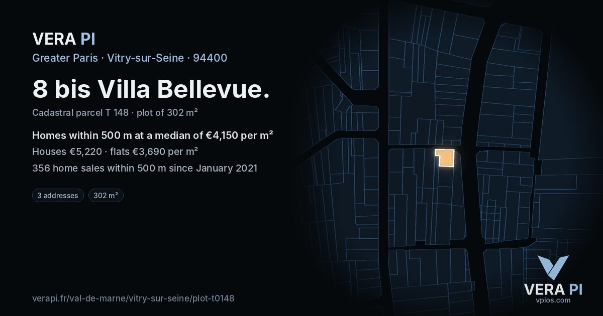 8 bis Villa Bellevue, Vitry-sur-Seine at night – the plot lit, the parcels around coloured by the prices near them