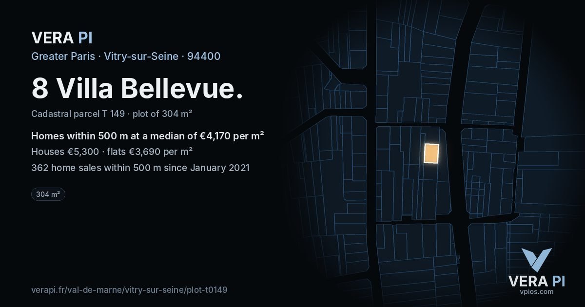 8 Villa Bellevue, Vitry-sur-Seine at night – the plot lit, the parcels around coloured by the prices near them