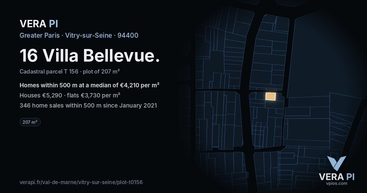 16 Villa Bellevue, Vitry-sur-Seine at night – the plot lit, the parcels around coloured by the prices near them