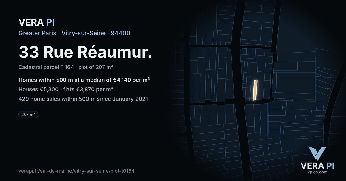 33 Rue Réaumur, Vitry-sur-Seine at night – the plot lit, the parcels around coloured by the prices near them