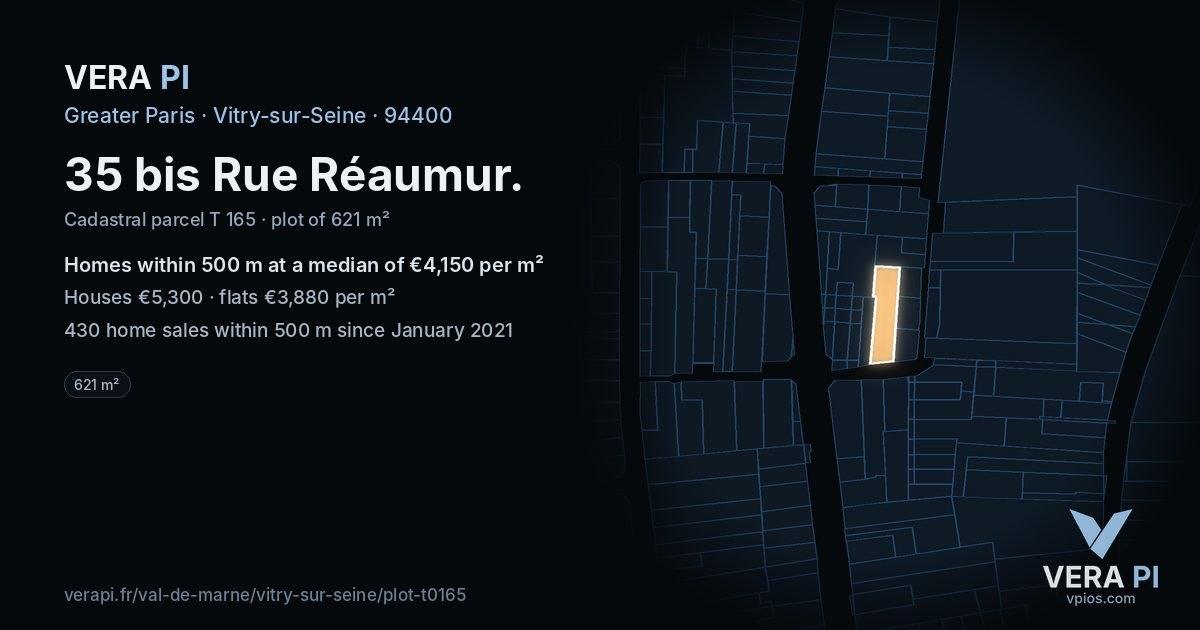 35 bis Rue Réaumur, Vitry-sur-Seine at night – the plot lit, the parcels around coloured by the prices near them