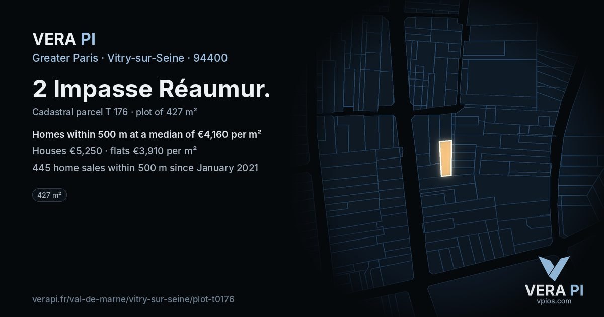 2 Impasse Réaumur, Vitry-sur-Seine at night – the plot lit, the parcels around coloured by the prices near them