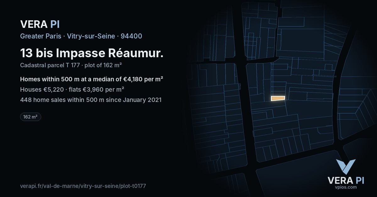 13 bis Impasse Réaumur, Vitry-sur-Seine at night – the plot lit, the parcels around coloured by the prices near them