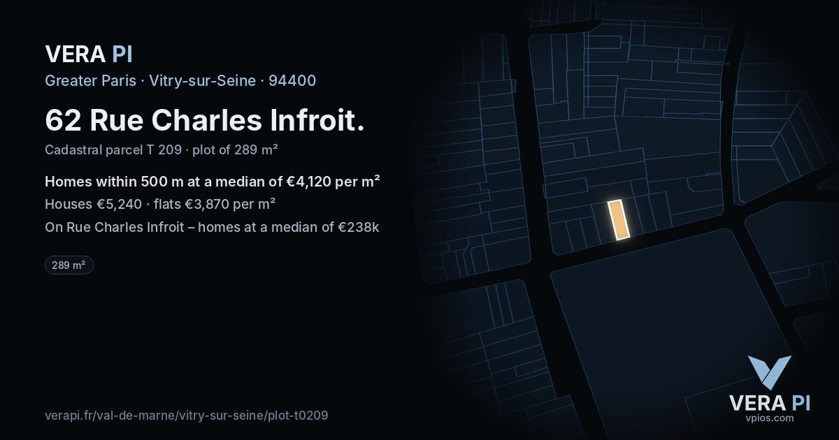 62 Rue Charles Infroit, Vitry-sur-Seine at night – the plot lit, the parcels around coloured by the prices near them