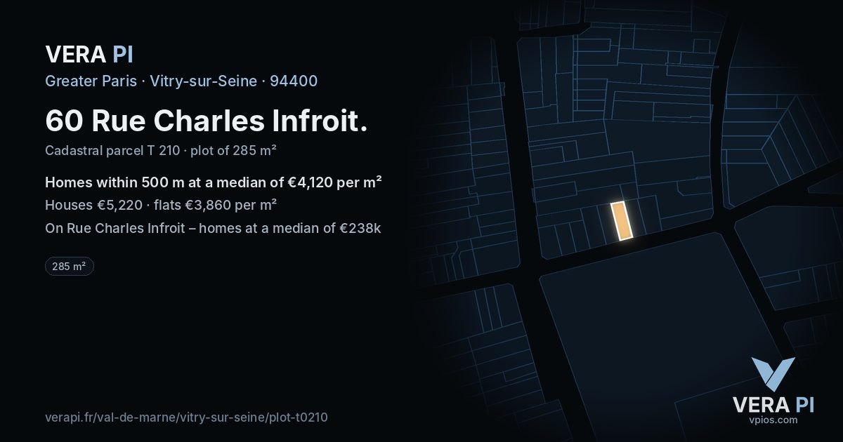 60 Rue Charles Infroit, Vitry-sur-Seine at night – the plot lit, the parcels around coloured by the prices near them
