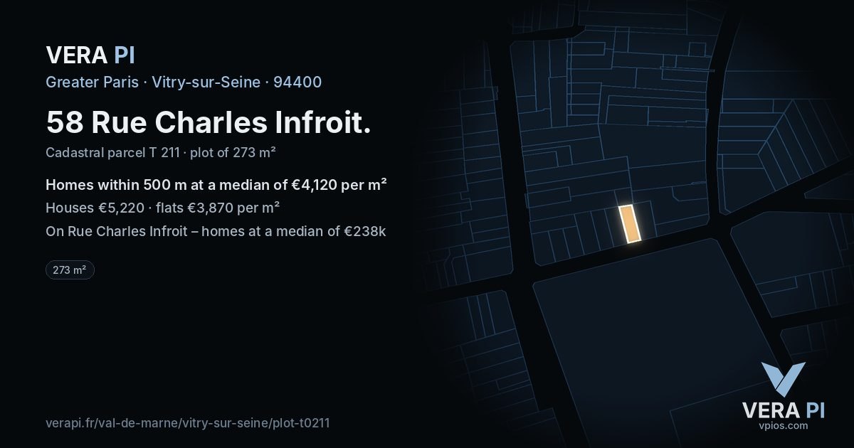 58 Rue Charles Infroit, Vitry-sur-Seine at night – the plot lit, the parcels around coloured by the prices near them