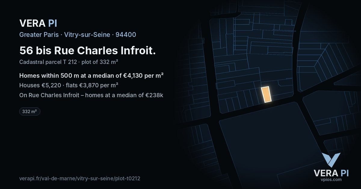 56 bis Rue Charles Infroit, Vitry-sur-Seine at night – the plot lit, the parcels around coloured by the prices near them