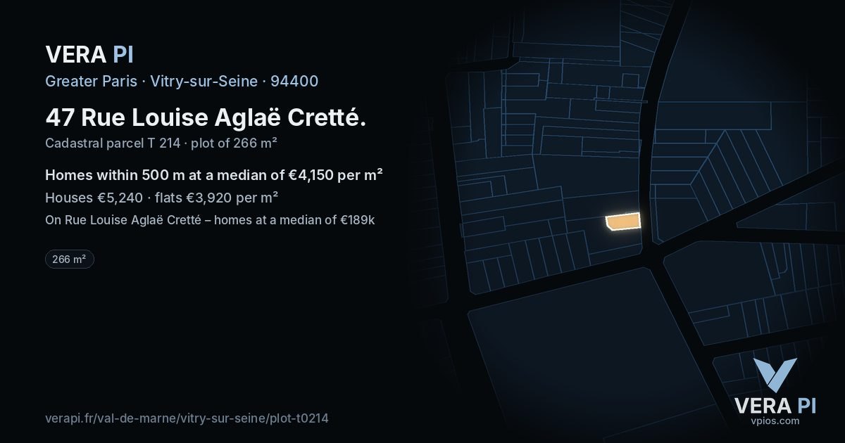47 Rue Louise Aglaë Cretté, Vitry-sur-Seine at night – the plot lit, the parcels around coloured by the prices near them
