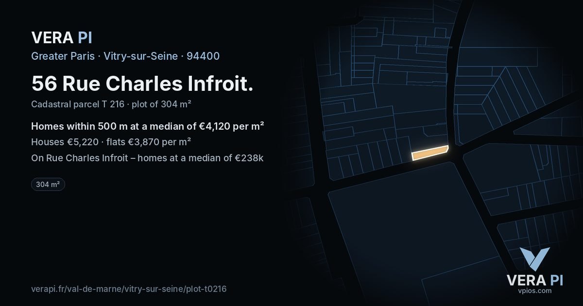 56 Rue Charles Infroit, Vitry-sur-Seine at night – the plot lit, the parcels around coloured by the prices near them
