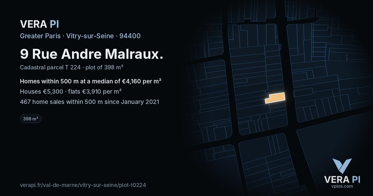 9 Rue Andre Malraux, Vitry-sur-Seine at night – the plot lit, the parcels around coloured by the prices near them