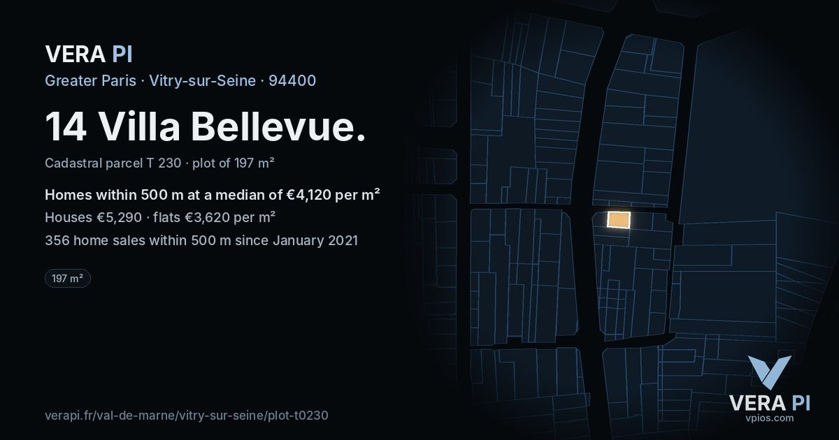 14 Villa Bellevue, Vitry-sur-Seine at night – the plot lit, the parcels around coloured by the prices near them