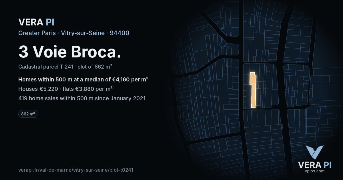 3 Voie Broca, Vitry-sur-Seine at night – the plot lit, the parcels around coloured by the prices near them