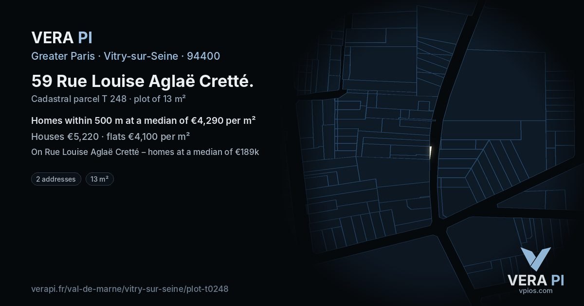59 Rue Louise Aglaë Cretté, Vitry-sur-Seine at night – the plot lit, the parcels around coloured by the prices near them