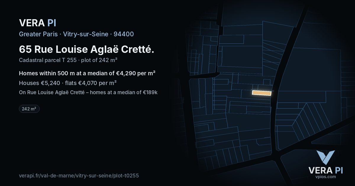 65 Rue Louise Aglaë Cretté, Vitry-sur-Seine at night – the plot lit, the parcels around coloured by the prices near them