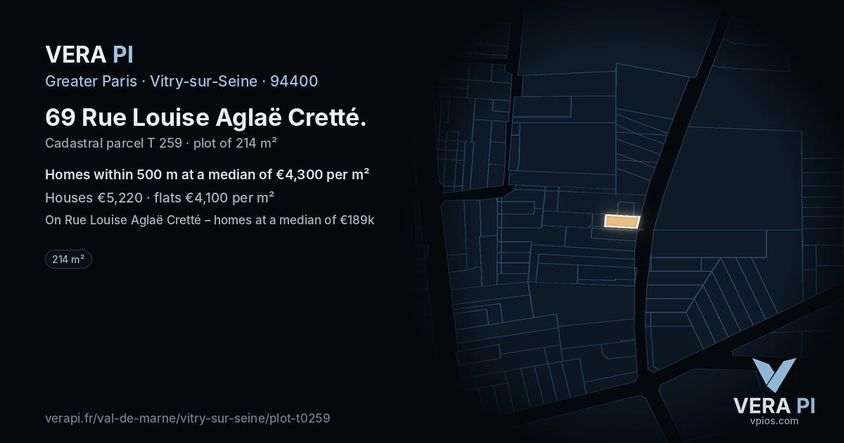 69 Rue Louise Aglaë Cretté, Vitry-sur-Seine at night – the plot lit, the parcels around coloured by the prices near them