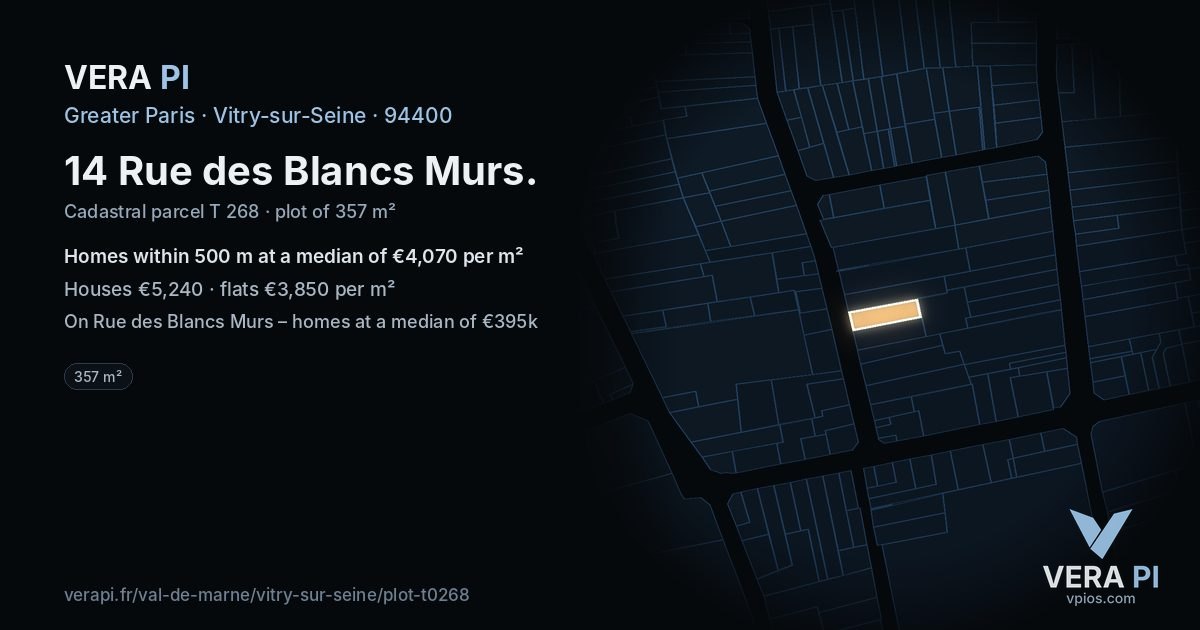14 Rue des Blancs Murs, Vitry-sur-Seine at night – the plot lit, the parcels around coloured by the prices near them