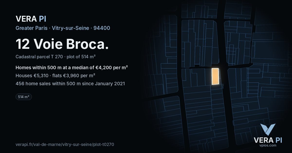 12 Voie Broca, Vitry-sur-Seine at night – the plot lit, the parcels around coloured by the prices near them