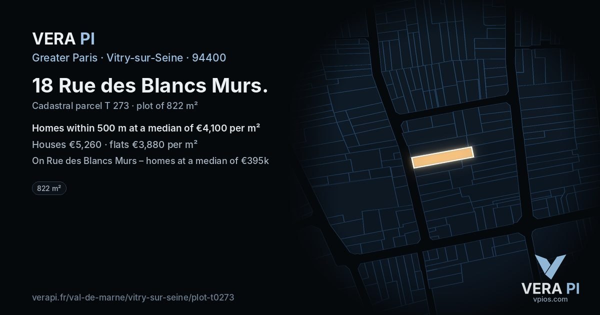 18 Rue des Blancs Murs, Vitry-sur-Seine at night – the plot lit, the parcels around coloured by the prices near them