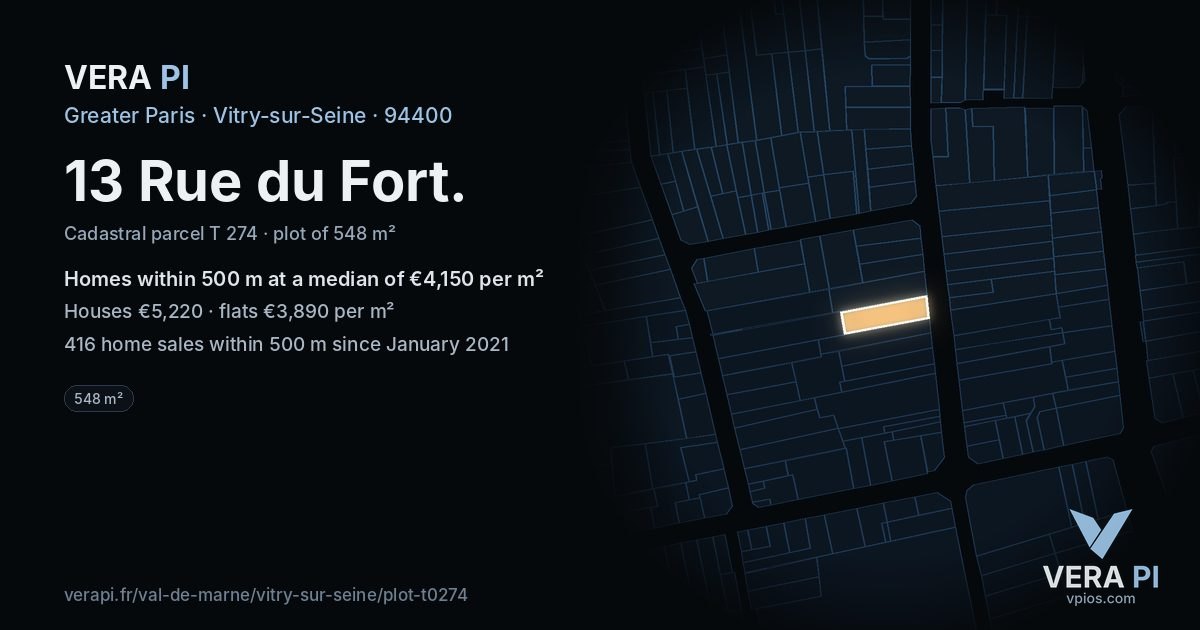 13 Rue du Fort, Vitry-sur-Seine at night – the plot lit, the parcels around coloured by the prices near them