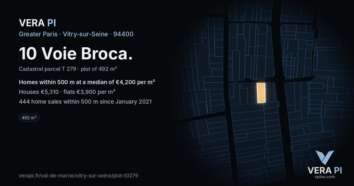 10 Voie Broca, Vitry-sur-Seine at night – the plot lit, the parcels around coloured by the prices near them