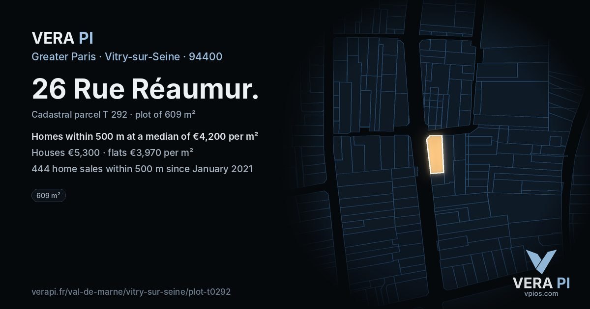 26 Rue Réaumur, Vitry-sur-Seine at night – the plot lit, the parcels around coloured by the prices near them
