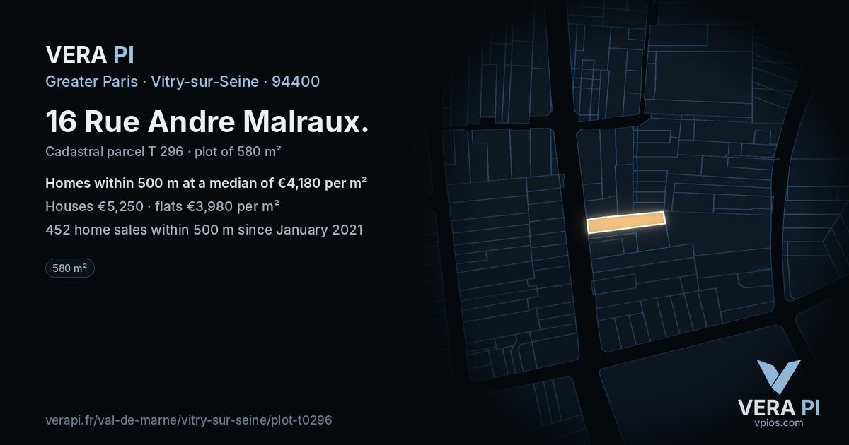 16 Rue Andre Malraux, Vitry-sur-Seine at night – the plot lit, the parcels around coloured by the prices near them