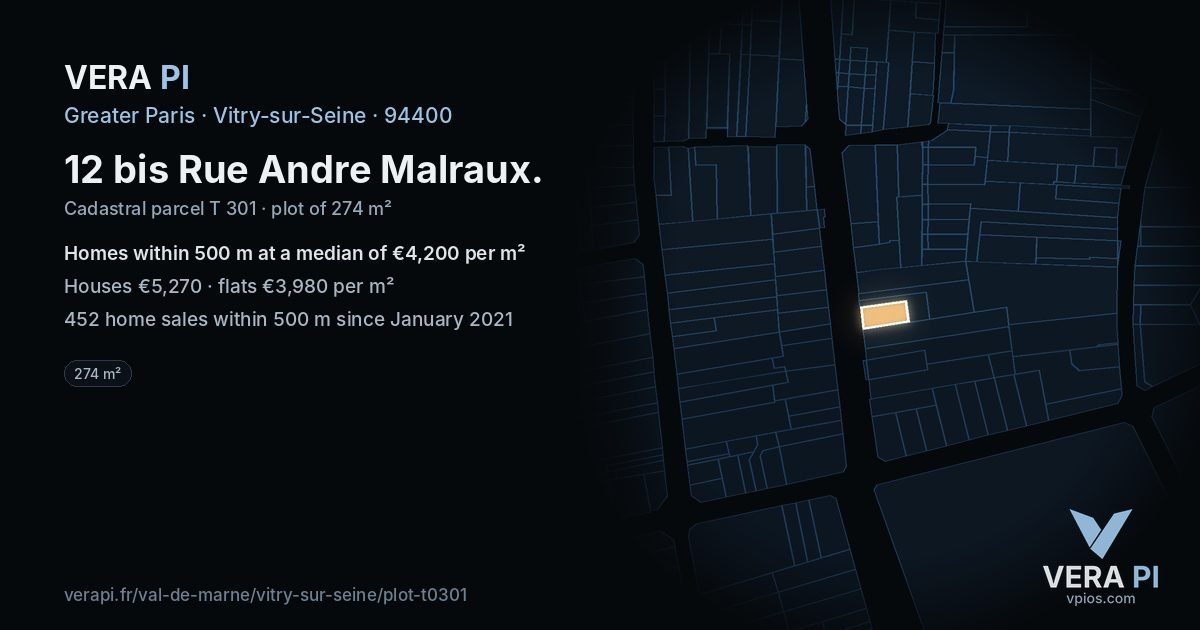 12 bis Rue Andre Malraux, Vitry-sur-Seine at night – the plot lit, the parcels around coloured by the prices near them