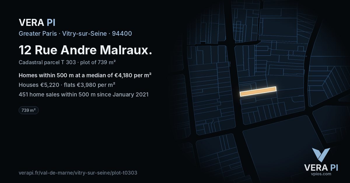 12 Rue Andre Malraux, Vitry-sur-Seine at night – the plot lit, the parcels around coloured by the prices near them