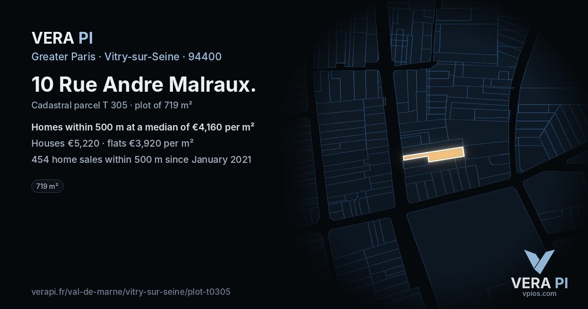 10 Rue Andre Malraux, Vitry-sur-Seine at night – the plot lit, the parcels around coloured by the prices near them