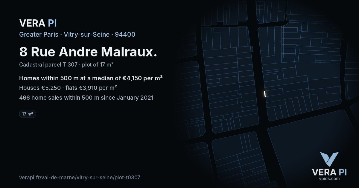 8 Rue Andre Malraux, Vitry-sur-Seine at night – the plot lit, the parcels around coloured by the prices near them
