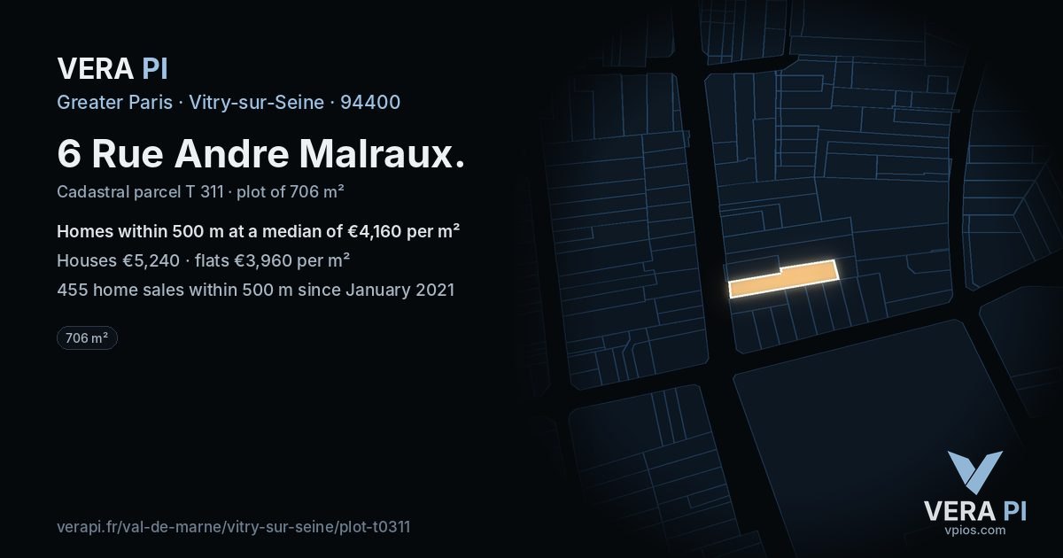 6 Rue Andre Malraux, Vitry-sur-Seine at night – the plot lit, the parcels around coloured by the prices near them