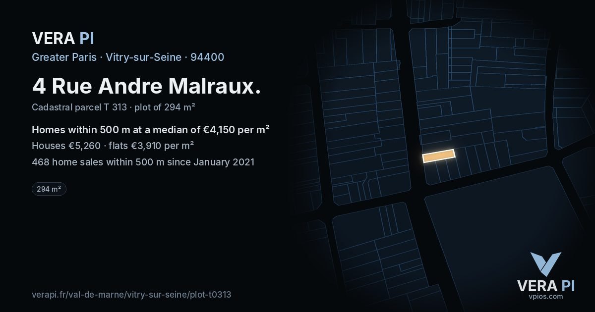 4 Rue Andre Malraux, Vitry-sur-Seine at night – the plot lit, the parcels around coloured by the prices near them