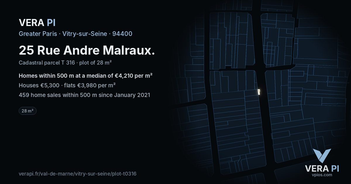 25 Rue Andre Malraux, Vitry-sur-Seine at night – the plot lit, the parcels around coloured by the prices near them