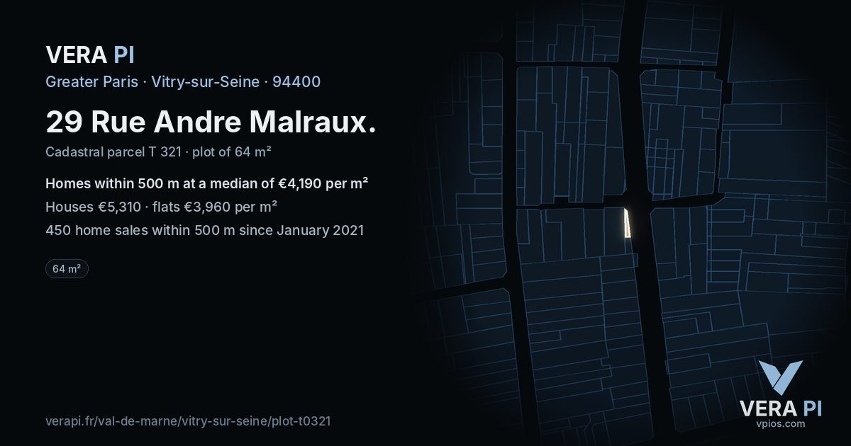29 Rue Andre Malraux, Vitry-sur-Seine at night – the plot lit, the parcels around coloured by the prices near them