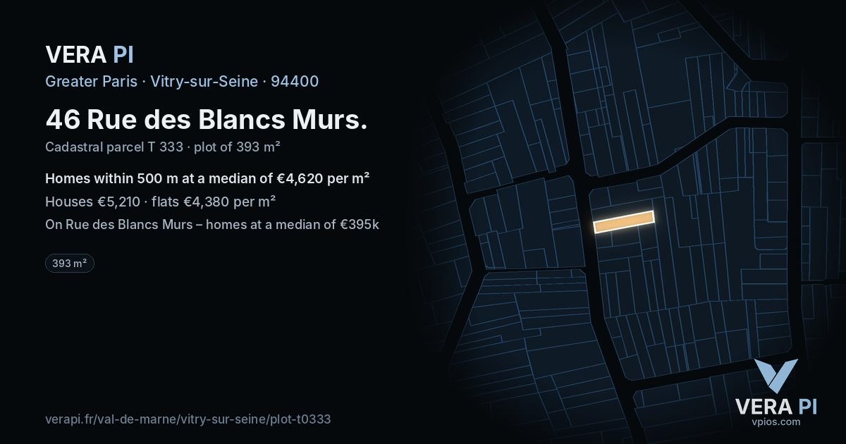 46 Rue des Blancs Murs, Vitry-sur-Seine at night – the plot lit, the parcels around coloured by the prices near them