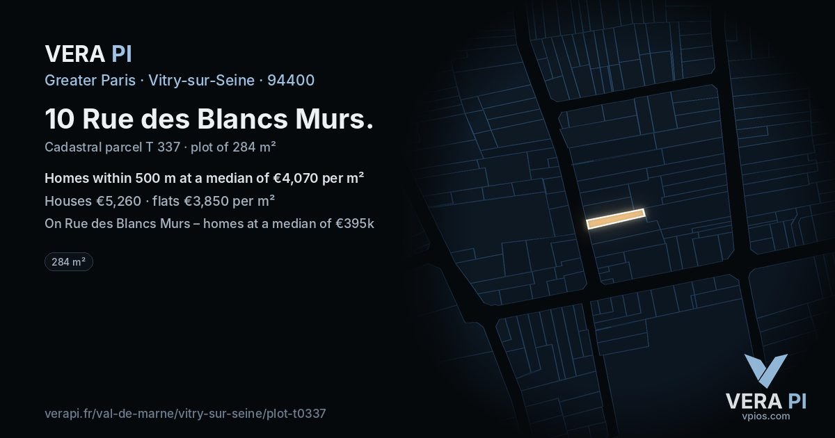 10 Rue des Blancs Murs, Vitry-sur-Seine at night – the plot lit, the parcels around coloured by the prices near them