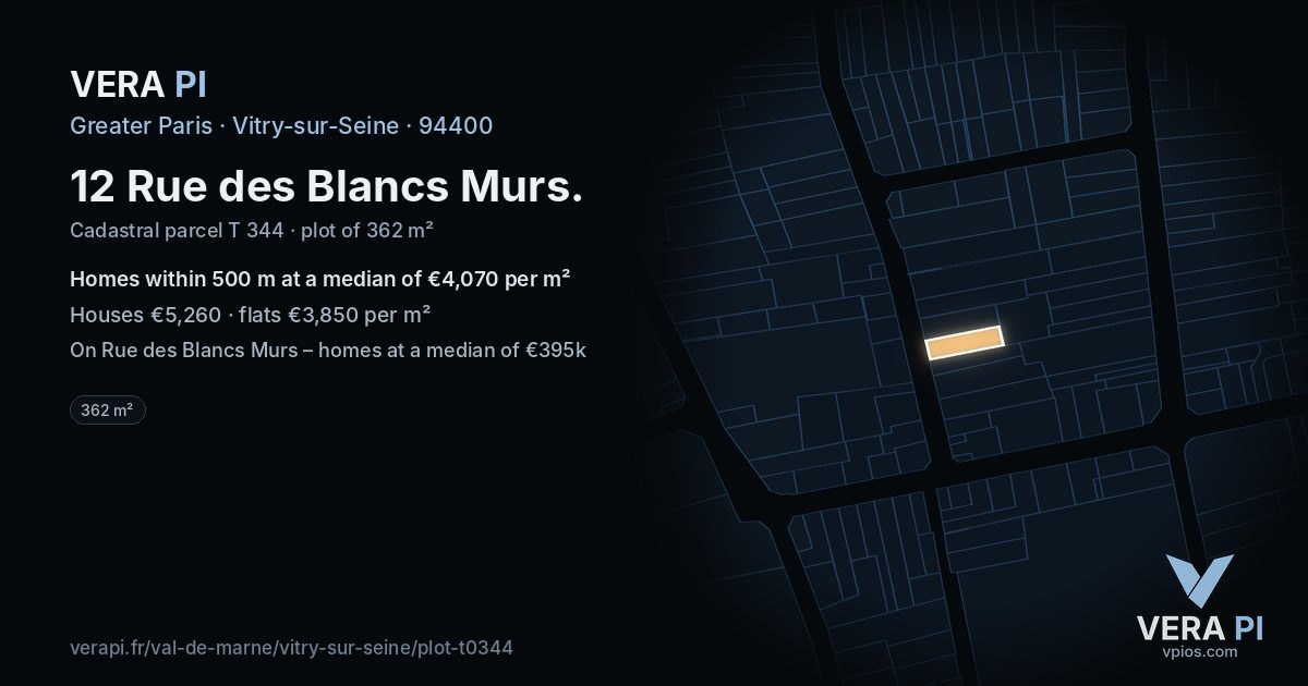 12 Rue des Blancs Murs, Vitry-sur-Seine at night – the plot lit, the parcels around coloured by the prices near them