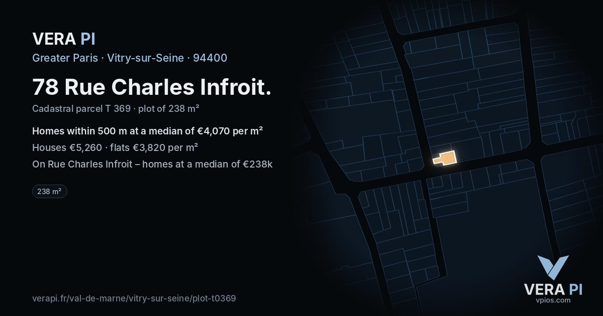 78 Rue Charles Infroit, Vitry-sur-Seine at night – the plot lit, the parcels around coloured by the prices near them