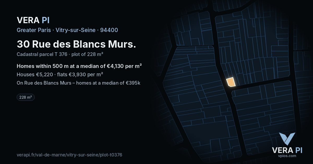 30 Rue des Blancs Murs, Vitry-sur-Seine at night – the plot lit, the parcels around coloured by the prices near them